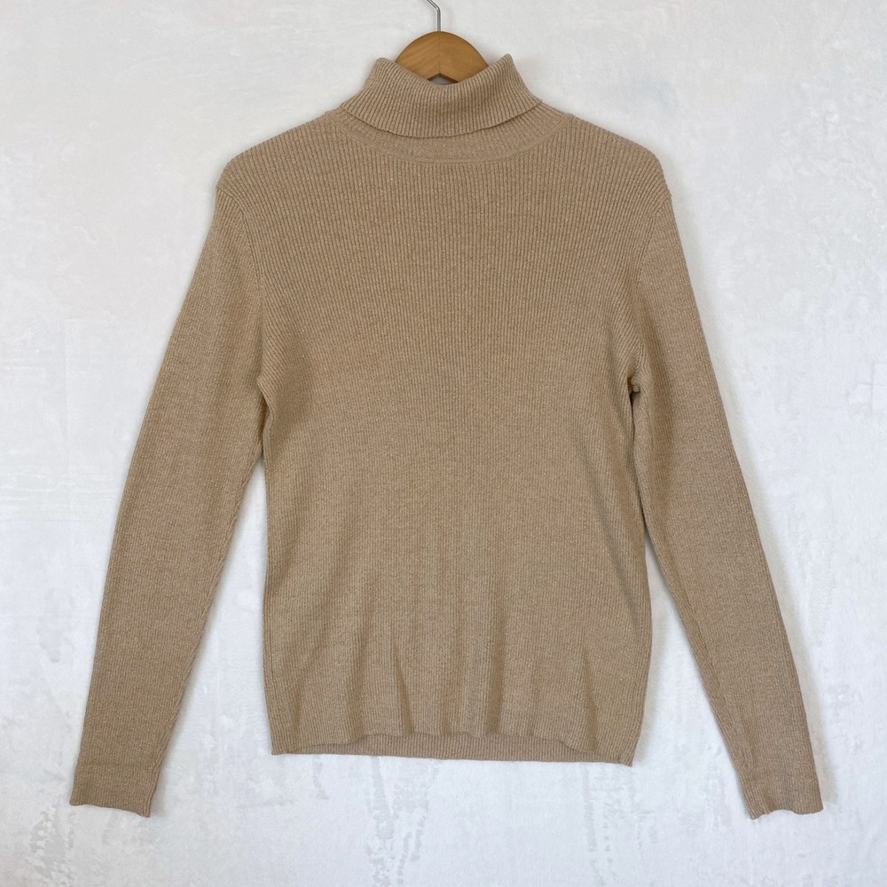 Additions by Chico's Beige Ribbed Knit Turtleneck Sweater Metallic‎ Threads Sz 2